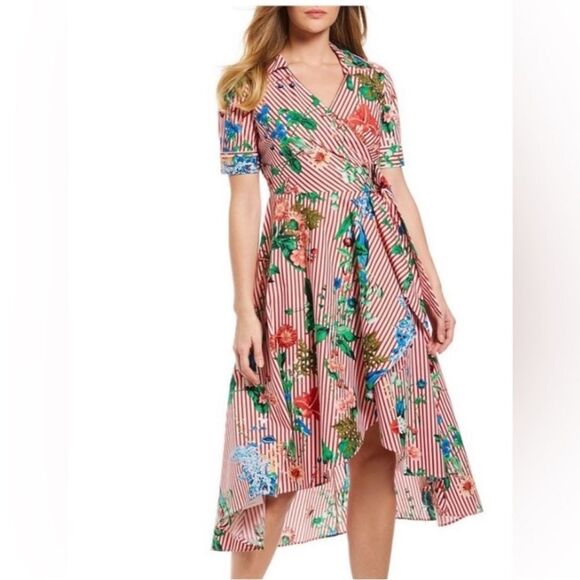 Calvin Klein Floral Striped Wrap Dress  High Low Red Pinstripe Pinup Size 8 - Picture 1 of 10